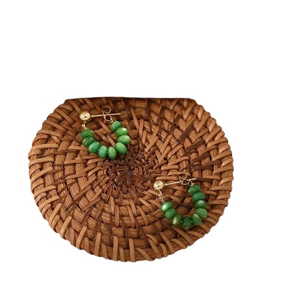 Retro Look Green and Gold Stone Drop Hoop Earrings - Picture 2 of 5